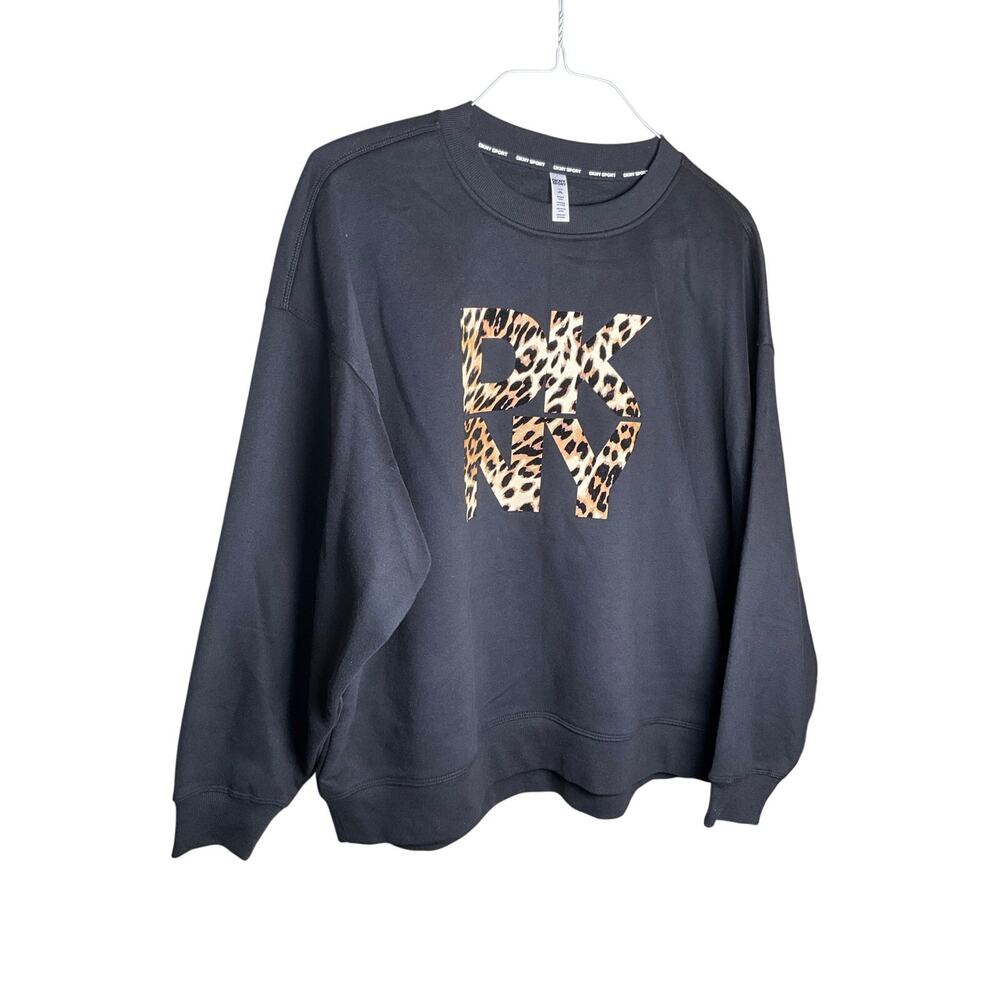 DKNY Sport Leopard Cotton Blend Sweatshirt Crewneck Pullover Black Size L NWT
